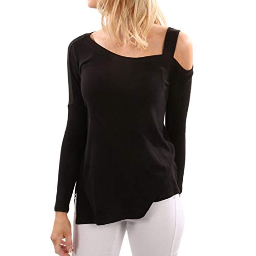 DEELIN Personalidad De La Moda De Las Mujeres Casual Color SóLido De Manga Larga Off Shoulder Tops Camisa Camiseta Larga Camiseta Negro (L, Negro)