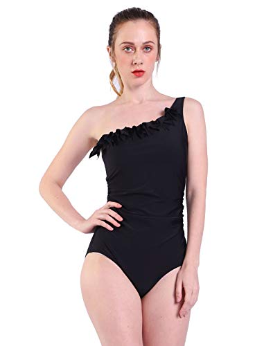 DELEY Mujeres Flor Oblicua Acolchado Traje De Baño Bikini Monokini Beachwear Negro Tamaño XL