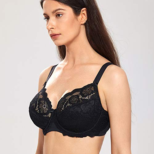 DELIMIRA - Sujetador Copa Completa En Encaje Elástico Floral para Mujer Negro 95D