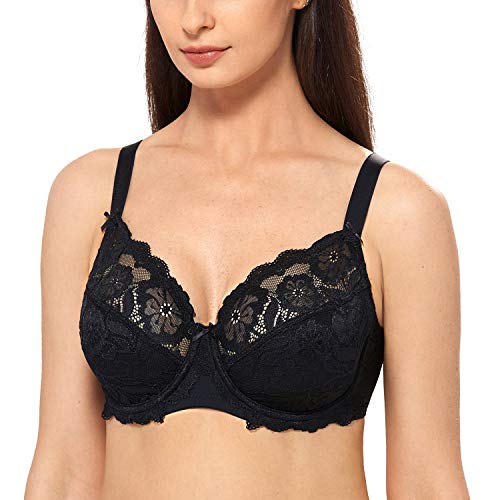 DELIMIRA - Sujetador Copa Completa En Encaje Elástico Floral para Mujer Negro 95D