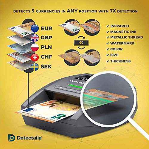 Detectalia D7X - Detector automático de billetes falsos para las divisas EUR, GBP, CHF, PLN y SEK con 100% detección. No necesita ser actualizado para la divisa EUR - 14 x 12 x 6 cm