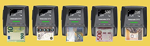 Detectalia D7X - Detector automático de billetes falsos para las divisas EUR, GBP, CHF, PLN y SEK con 100% detección. No necesita ser actualizado para la divisa EUR - 14 x 12 x 6 cm