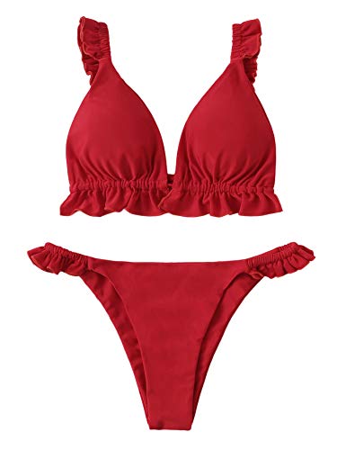 DIDK Bikini Brasileños Sexy Mujer Conjuntos de Bikini Cintura Alta Volante Traje de Baño Bikinis Brasileños Tanga Rojo M