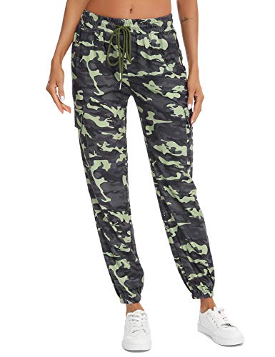 Doaraha Pantalones Deportivos Mujer Algodón Pantalón de Chándal Elásticos Transpirables con Bolsillos Laterales para Deporte Gimnasio Fitness Correr (Camuflaje Verde Militar, XL)