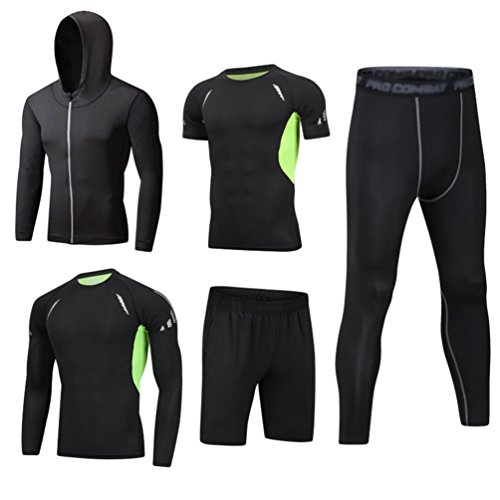 Dooxii Hombre 5 Piezas Secado Rápido Conjunto Compresión Ropa Sudaderas con Capucha y Pantalones Cortos y Leggings y Manga Corta y Manga Larga Tops Apretada para Running Fitness Entrenamiento M