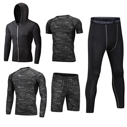 Dooxii Hombre 5 Piezas Secado Rápido Conjunto Compresión Ropa Sudaderas con Capucha y Pantalones Cortos y Leggings y Manga Corta y Manga Larga Tops Apretada para Running Fitness Entrenamiento S