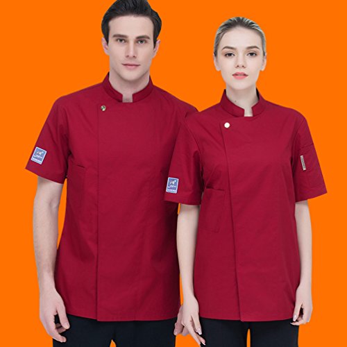 Dooxii Unisexo Mujeres Hombre Moda Verano Manga Corta Camisa de Cocinero Transpirable Chaquetas de Chef Uniforme Cocina Restaurante Occidental Rojo M