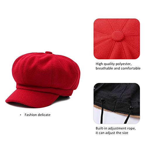 DORRISO Elegante Mujer Gorra Boina Primavera Otoño Invierno Viajar Vacaciones Compras Ocio Beret Gorra de Boina Ajustable 54-60CM Mujer Sombrero Octogonal Rojo