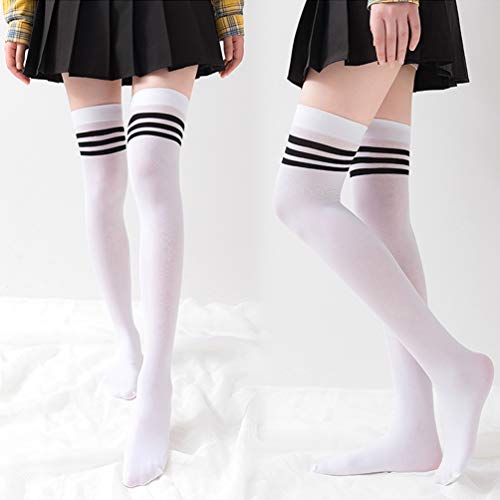 DRESHOW 3 Pares Calcetines Hasta la Rodilla para Mujer, Raya Escuela de Cosplay Casual Sobre la Rodilla Medias Hasta el Muslo Calcetines Largos