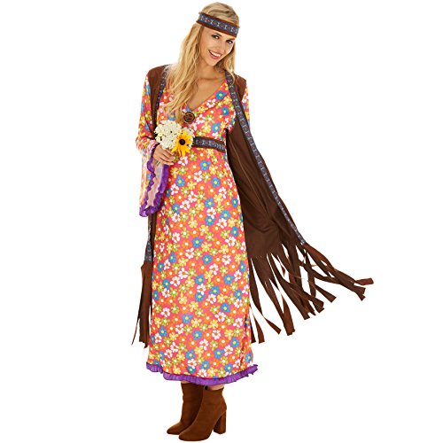 dressforfun Disfraz de Hippie Srta. Peacemaker para Mujer | Espectacular Eestido Largo con Chaleco de Imitación de Terciopelo | Incl. Cabeza (M | No. 300933)