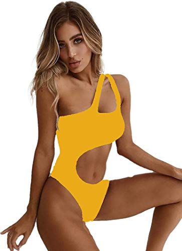 Ducomi Joy Traje de Baño de una Pieza para Mujer - Traje de Baño Completo - Bikini de un Solo Hombro Cut-out, Top Push Up y Brasileño - Ropa de Playa Sexy para Mar y Piscina (Amarillo, M)