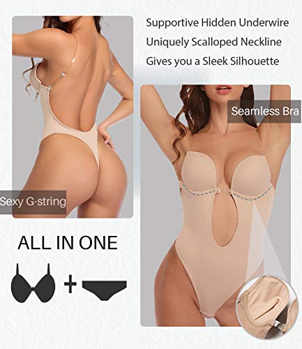 DUROFIT Bodys Moldeadores Mujer Body Shaper Invisible Escote en V sin Espalda Body Faja Reductora Shapewear Lencería Beige S