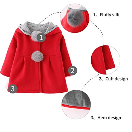 EDOTON Abrigos Niña Pequeño Ropa Otoño Invierno Chaqueta con Bola de Pelo Encantador Oreja Capucha Grueso Capa para Bebés Niña (Talla 10/18-24 Meses, Rojo)