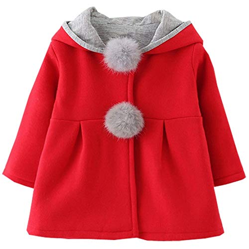 EDOTON Abrigos Niña Pequeño Ropa Otoño Invierno Chaqueta con Bola de Pelo Encantador Oreja Capucha Grueso Capa para Bebés Niña (Talla 10/18-24 Meses, Rojo)