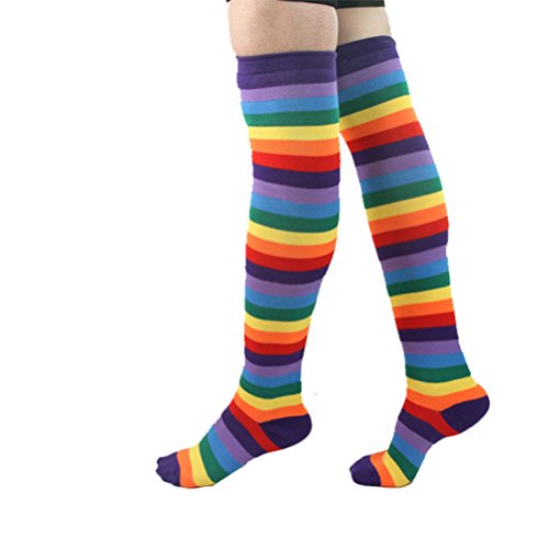 EDOTON Mujeres Raya Del Arco Iris Rodilla Muslo Calcetines Altos Knit Brazo Calentador Guantes sin Dedos Traje de Fiesta Accesorio