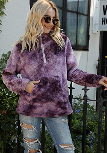 EFOFEI Jersey de felpa para mujer Tie-Dye con bolsillo frontal con cremallera, cuello alto, con cordón y capucha, suave lana de cordero, sensación de manga larga, estilo casual Z lila. L