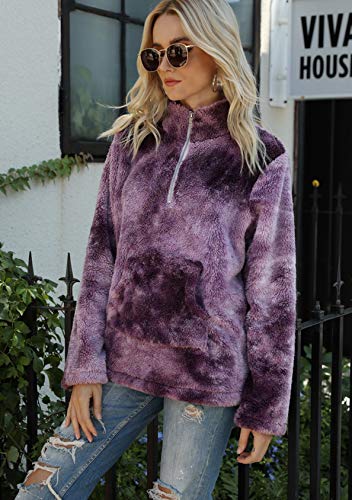 EFOFEI Jersey de felpa para mujer Tie-Dye con bolsillo frontal con cremallera, cuello alto, con cordón y capucha, suave lana de cordero, sensación de manga larga, estilo casual Z lila. L