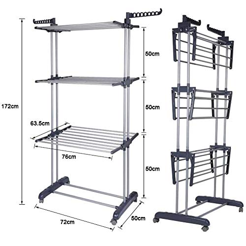 Ejoyous Torre plegable para tendedero con barras de planchado, torre de ropa y perchero 2 en 1, barra plegable con 4 ruedas