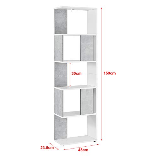 [en.casa] Librería Aneby 159 x 45 x 23,5 cm Estante para CDs y Libros Estantería Soporte para DVDs con 5 Estantes para Almacenar Blanco y Efecto hormigón