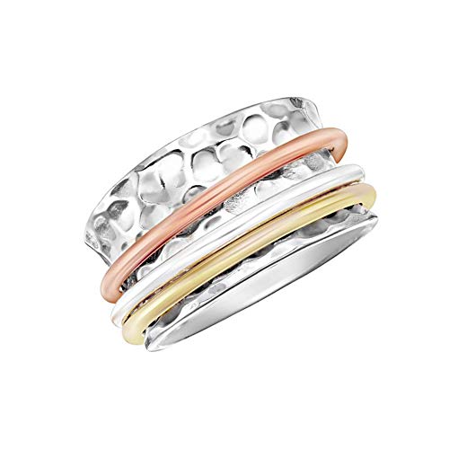 Energy Stone Serenidad - Anillo de meditación para mujer - Forma asimétrica y de ajuste cómodo - Con aros tricolor giratorios a su alrededor - Plata de ley - (Modelo UK12)