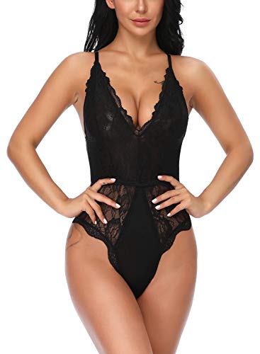 EVELIFE Body Mujer Erótica Ropa Interior Lingerie Sexy Lenceria Encaje Floral Cuello V Una Pieza Lencería Transparente(Negro M)