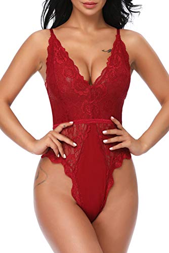 EVELIFE Body Mujer Erótica Ropa Interior Lingerie Sexy Lenceria Encaje Floral Cuello V Una Pieza Lencería Transparente(Vino Tinto S)