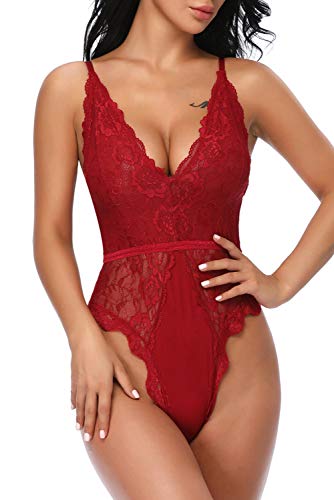 EVELIFE Body Mujer Erótica Ropa Interior Lingerie Sexy Lenceria Encaje Floral Cuello V Una Pieza Lencería Transparente(Vino Tinto S)