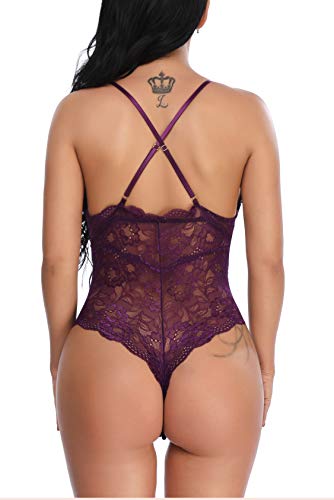 EVELIFE Sexy Lencería Mujer Encaje Teddy Body Profundo V Ropa Interior Snap Crotch Ropa de Dormir(Púrpura M)