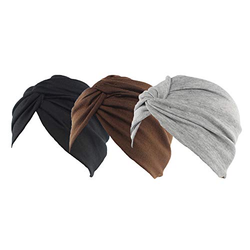 Ever Fairy 3 gorros de algodón para quimioterapia con cáncer, elásticos, turbante para dormir, para la pérdida de cabello Stil A (schwarz + dunkler Kaffee + grau) Talla única