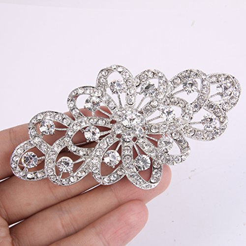 EVER FAITH Broche para Mujer Cristal Austríaco 4 Inch Flor Filigrana Boda Claro Tono Plateado