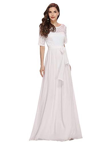 Ever-Pretty A-línea Encaje Talla Grande Vestido de Fiesta Cuello Redondo Largo para Mujer Blanco 50