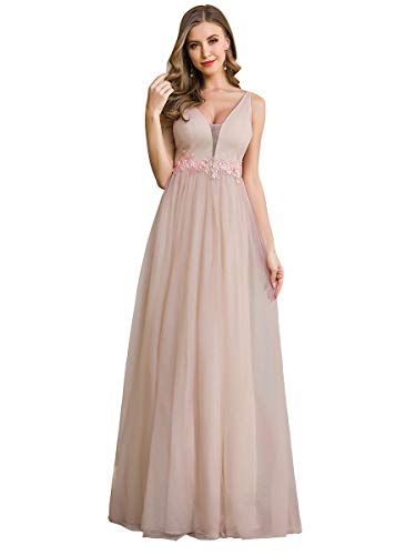 Ever-Pretty Vestido de Dama de Honor Largo Mujer Tul Lentejuelas Corte Imperio Apliques A-línea Escote V Fiesta Rosa Desnuda 48