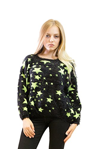 EXCEPTIOANL Jersey de punto para mujer con diseño de estrellas navideñas, color neón.