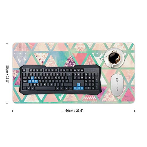 Extended Gaming Mouse Pad with Stitched Edges Waterproof Large Keyboard Mat Non-Slip Rubber Base Pink Turquoise Abstract Floral Triangles Patchwork Desk Pad for Gamer Office Home 12x24 Inch