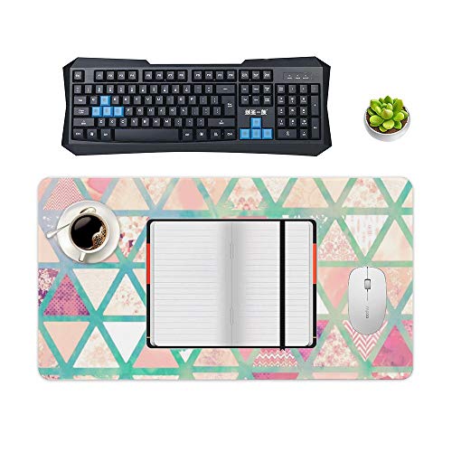 Extended Gaming Mouse Pad with Stitched Edges Waterproof Large Keyboard Mat Non-Slip Rubber Base Pink Turquoise Abstract Floral Triangles Patchwork Desk Pad for Gamer Office Home 16x10 Inch