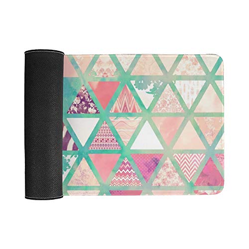 Extended Gaming Mouse Pad with Stitched Edges Waterproof Large Keyboard Mat Non-Slip Rubber Base Pink Turquoise Abstract Floral Triangles Patchwork Desk Pad for Gamer Office Home 16x10 Inch