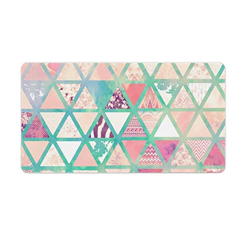 Extended Gaming Mouse Pad with Stitched Edges Waterproof Large Keyboard Mat Non-Slip Rubber Base Pink Turquoise Abstract Floral Triangles Patchwork Desk Pad for Gamer Office Home 16x10 Inch