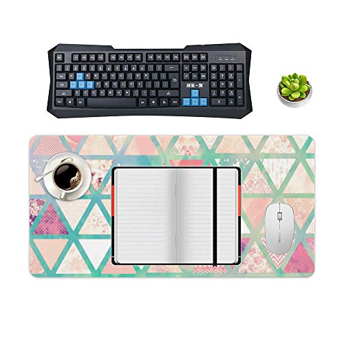 Extended Gaming Mouse Pad with Stitched Edges Waterproof Large Keyboard Mat Non-Slip Rubber Base Pink Turquoise Abstract Floral Triangles Patchwork Desk Pad for Gamer Office Home 12x24 Inch