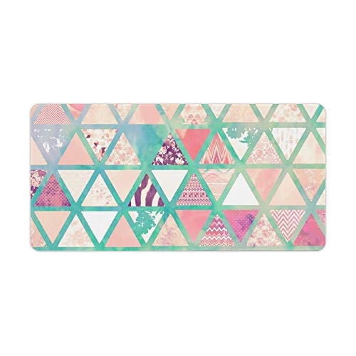 Extended Gaming Mouse Pad with Stitched Edges Waterproof Large Keyboard Mat Non-Slip Rubber Base Pink Turquoise Abstract Floral Triangles Patchwork Desk Pad for Gamer Office Home 12x24 Inch