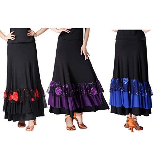 Falda de Flamenco Volante Cola de Pescado con Lentejuelas para Mujer Señora - Negro + Rojo, como se describe