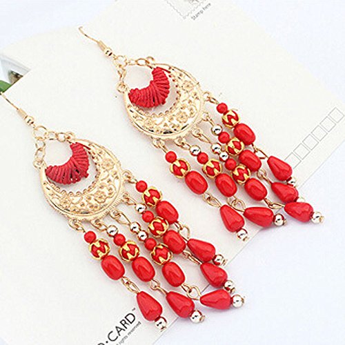 FAMILIZO Moda De Las Mujeres De Estilo Bohemio Fringed Sección Larga De Los Grandes Pendientes (Rojo)