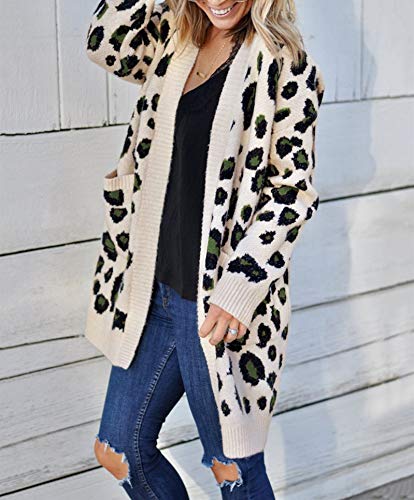 Fansu Otoño Invierno Leopardo Cardigan Punto Mujer, Casual Cálido Chaqueta de Manga Larga Suelto Frente Abierto Abrigos Cárdigans Con El Bolsillo (XL,Beige)