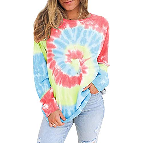 Fansu Sudadera de Manga Larga con Cuello Redondo para Mujer - Tie Dye Estampadas Sudaderas Sin Capucha Otoño e Invierno Juventud Casual Anchas Sweatshirt Pullover (S,Rosado)