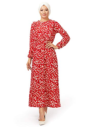 fashionByShe - Vestido maxi con estampado floral - Cuello redondo - Manga larga - Abaya - Tesetura - Vestido musulmán e islámico. rojo 44