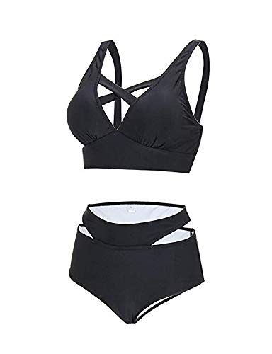 FeelinGirl Cruz Estilo Marino Dos Piezas Conjunto de Bikini para Mujer Traje de Baño Sexy Cruzado-Negro L:Talla-42