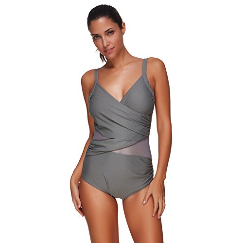 FeelinGirl Mujer Monokini con Uno/Dos Tirantes Traje de Baño de Una Pieza Talla Grande Dos Tirantes-Gris XXL/Talla 48