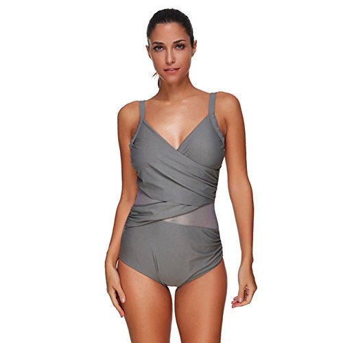 FeelinGirl Mujer Monokini con Uno/Dos Tirantes Traje de Baño de Una Pieza Talla Grande Dos Tirantes-Gris XXL/Talla 48