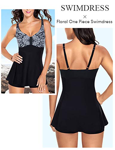 FeelinGirl Traje de Baño de 1 Pieza - Mujeres Tankini Vestido Estampado Floral Talla Grande Bañador Tirantes Ajustables Negro M:Talla-40