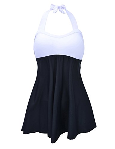 FeelinGirl Vestido de Traje de Baño Hálter Una Pieza Talla Grande con Pantalones Seguros para Mujer Blanco-Negro XL(Talla 42-44)