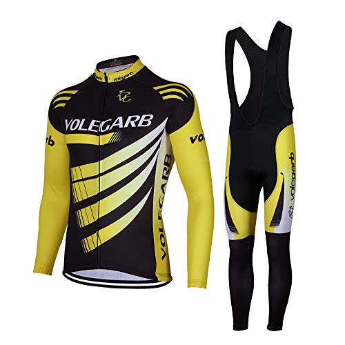 Feilaxleer Ropa Ciclismo Otoño/Invierno/Primavera para Hombre y Mujer - Ciclismo Maillot MTB de Manga Larga y Culotte Pantalones Acolchado 3D (Amarillo,3XL)